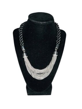 Vintage Layered Silver Chain and Black Rope Statement Necklace